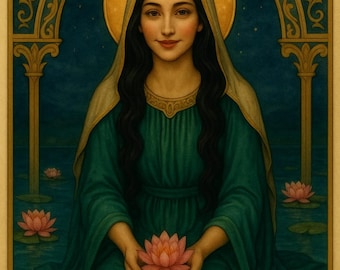 Mary Magdalene Water Element Art Print | Divine Feminine Spiritual Wall Art | Teal Lotus Devotional Goddess Poster | Intuitive Mystic Decor