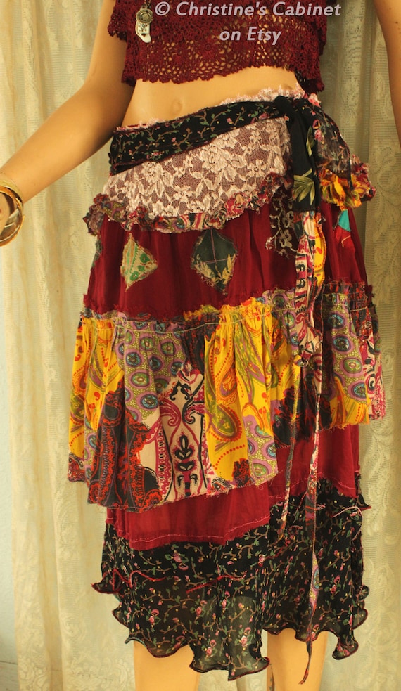 Items similar to maroon red layered GYPSY skirt, boho fashion, bohemian