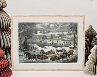 May include: A vintage illustration of a winter scene with people ice skating on a frozen lake. The scene is framed in a light wood frame with a white mat. The illustration is in muted colors and depicts a snowy landscape with trees and a full moon in the sky.