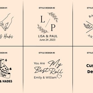 May include: Six design styles featuring text and illustrations. Designs include intertwined hands, initials with a laurel wreath, names with a cross, dice with a banner, and phrases with names. The text includes names and dates.