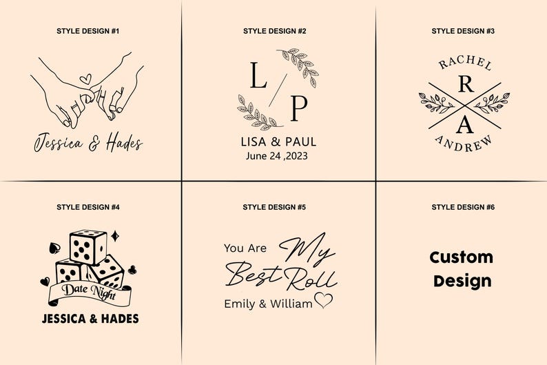 May include: Six design styles featuring text and illustrations. Designs include intertwined hands, initials with a laurel wreath, names with a cross, dice with a banner, and phrases with names. The text includes names and dates.