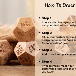 May include: Wooden, multi-sided dice featuring engraved icons and text such as "Pizza," "Sushi," and "Cook Together." The image also includes instructions on how to order, with steps to customize and purchase the dice.
