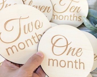 Wooden Baby Monthly Milestone Discs: Photo Prop Set, Newborn Milestone Marker
