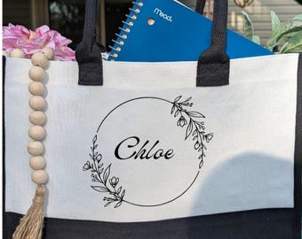 Personalized Floral Wreath Canvas Tote Bag, Bridesmaid Gift