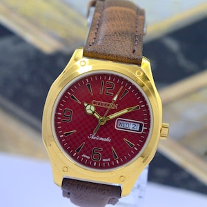 Reloj Citizen automático vintage para hombre, esfera roja, repintado, 21 joyas, movimiento japonés Day-Date 8200A.