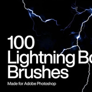 May include: Black graphic with white text that reads "100 Lightning Bolt Brushes" and "Made for Adobe Photoshop." The image features blue lightning bolts and icons for "Ps" and "4K."