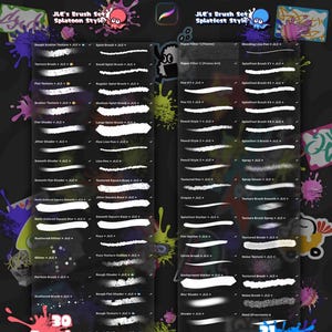 May include: A digital art brush set for Procreate, featuring 30 brushes in the "Splatoon Style" and 31 in the "Splatfest Style." The image displays brush names and sample strokes, with colorful ink splatters and the text "Brushes."