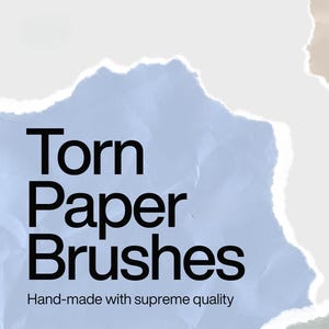 May include: An image featuring a design for "Torn Paper Brushes" with a torn paper effect. The background has a textured paper look in shades of blue, beige, and gray. The text is in black, and there are icons for "Ps" and "4K".