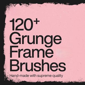 May include: Pink background with a black grunge border. The text reads "120+ Grunge Frame Brushes" in large black letters. Below, smaller text says "Hand-made with supreme quality." Includes "Ps" and "4K" icons.