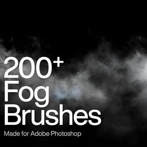 May include: A digital graphic promoting "200+ Fog Brushes" for Adobe Photoshop, set against a dark backdrop with fog effects. Includes a blue "Ps" logo and a "4K" icon. Text reads "Made for Adobe Photoshop".