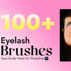 Może przedstawiać: Zbliżenie brązowego oka z długimi, ciemnymi rzęsami. Tekst na obrazie brzmi "100+ Eyelash Brushes Specifically Made for Photoshop". Tło to gradient różu i żółci.