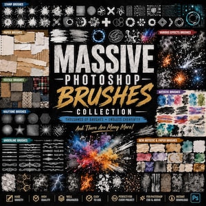 May include: A digital collection of Photoshop brushes featuring diverse categories like stamp, paper, textile, halftone, underline, and artistic effects. The central text reads MASSIVE PHOTOSHOP BRUSHES COLLECTION, And There Are Many More!