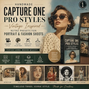 Puede incluir: Un anuncio de producto digital para Capture One Pro Styles con texto e imágenes de personas con ropa de inspiración vintage. El diseño incluye iconos, etiquetas descriptivas y una caja con un retrato de una persona con gafas de sol.