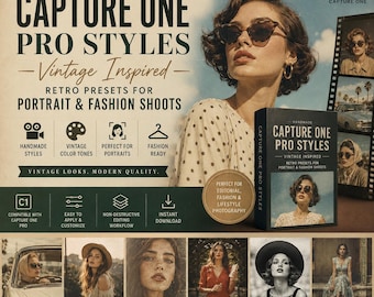 May include: A digital product advertisement for Capture One Pro Styles featuring text and imagery of people in vintage-inspired clothing. The layout includes icons, descriptive labels, and a box set display with a portrait of a person in sunglasses.