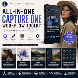 May include: A digital Capture One workflow toolkit product box featuring text that reads All-In-One Capture One Workflow Toolkit. The design includes icons for styles, brushes, grids, presets, and tools, alongside preview panels showing photo editing examples.