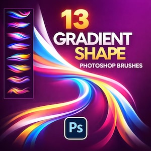 Peut inclure: Graphique d'art numérique avec le texte "13 Gradient Shape Photoshop Brushes" en jaune et blanc. L'image présente des motifs de coups de pinceau colorés et fluides dans des tons de bleu, rose, jaune et orange, avec un logo Photoshop.