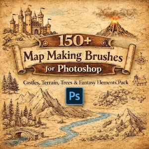 Puede incluir: Ilustración de estilo vintage con temática de mapa. La imagen presenta una pancarta que dice "150+ Map Making Brushes for Photoshop". El mapa incluye castillos, montañas, árboles, un río y un volcán. También está presente el logotipo de Photoshop.