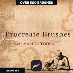 May include: A vintage-style advertisement for Procreate Brushes, a map-making toolkit. The image features a sepia-toned background with map illustrations and the text "OVER 500 BRUSHES". The Procreate app icon is visible, along with an illustration of a mapmaker.