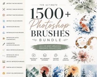 May include: A digital product advertisement for a bundle of 1500+ Photoshop brushes. The text reads The Ultimate 1500+ Photoshop Brushes Bundle. It features watercolor illustrations of a koi fish, coffee stains, flowers, and various landscape scenes including a samurai, a wave, a haunted house with a pumpkin, and a snowy forest.