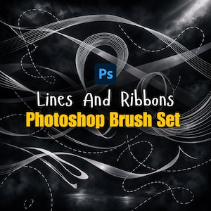 Könnte beinhalten: Digitalgrafik mit weißen Linien und Bändern vor dunklem Hintergrund. Der Text "Lines And Ribbons Photoshop Brush Set" in Gelb und Weiß ist zu sehen, zusammen mit dem Photoshop-Logo.