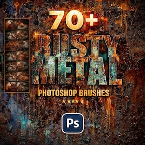 Peut inclure: Graphique numérique avec un fond de texture en métal rouillé. Le texte indique "70+ RUSTY METAL PHOTOSHOP BRUSHES" dans une police de caractères usée. Un logo Photoshop est dans le coin inférieur droit.