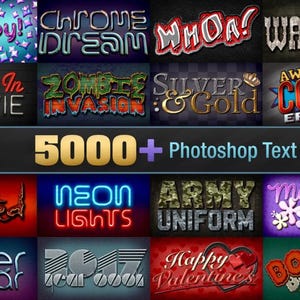 Peut inclure: Une collection numérique de plus de 5000 effets de texte Photoshop présentés sous forme de grille. L'image montre divers styles typographiques, notamment néon, métallique, bande dessinée, camouflage et thèmes festifs avec des textes comme Happy.