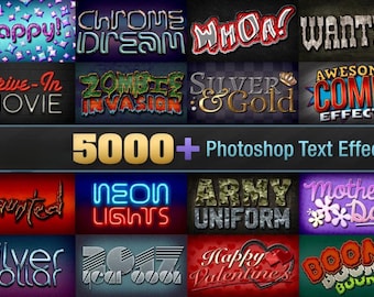 Może przedstawiać: Cyfrowa kolekcja ponad 5000 efektów tekstowych do programu Photoshop wyświetlanych w siatce. Obraz przedstawia różne style typograficzne, w tym neonowe, metaliczne, komiksowe, moro oraz świąteczne z napisami takimi jak Happy, Wanted i Boom.