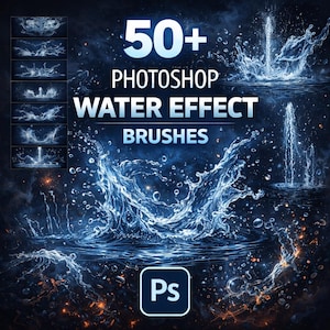 May include: A digital art graphic featuring water effects. The image showcases various water splashes and fountain designs, with the text "50+ Photoshop Water Effect Brushes" in white and blue. A Photoshop logo is in the bottom right corner.