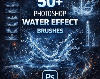 May include: A digital art graphic featuring water effects. The image showcases various water splashes and fountain designs, with the text "50+ Photoshop Water Effect Brushes" in white and blue. A Photoshop logo is in the bottom right corner.