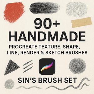 May include: An image showcasing a digital brush set for Procreate. The design features various brushstroke examples in shades of red, black, and gray, along with the text "90+ HANDMADE" and "SIN'S BRUSH SET". The image also includes the Procreate app icon.