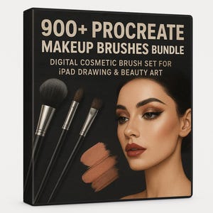 May include: A black box featuring the text "900+ PROCREATE MAKEUP BRUSHES BUNDLE" and "DIGITAL COSMETIC BRUSH SET FOR iPAD DRAWING & BEAUTY ART". The image includes makeup brushes and a woman with makeup.