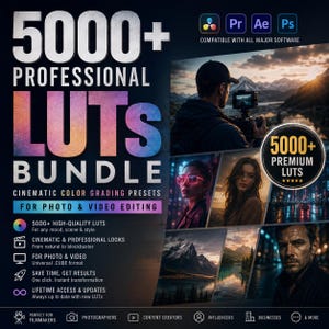 May include: A digital product bundle featuring 5000+ professional LUTs for photo and video editing. The graphic displays the text 5000+ PROFESSIONAL LUTS BUNDLE, cinematic color grading presets, and includes several sample images of people and landscapes.