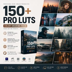May include: A digital product advertisement for 150+ Pro LUTs color grading pack. The graphic features text, a 3D box mockup, and a grid of eight photographic examples including cinematic, vintage, moody, bright, urban, nature, filmic, and portrait styles.