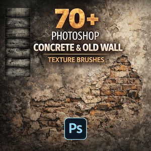 May include: Digital graphic showing a distressed wall texture with exposed brick and the text "70+ Photoshop Concrete & Old Wall Texture Brushes." The Adobe Photoshop logo is in the bottom right corner.