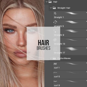 Può includere: Immagine di una donna con capelli biondi e occhi blu, con il testo "HAIR BRUSHES" sovrapposto. L'immagine mostra anche un'interfaccia digitale con vari stili di pennelli per capelli, tra cui opzioni lisce e ricce, etichettate come "Straight 1", "Straight 5", "Straight 9", "Straight 13", "Straight 17", "curl 1", "curl 5" e "curl 9".