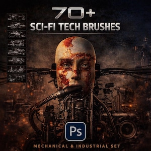 May include: A digital art image featuring a cyborg-like face with exposed mechanical components. The text reads "70+ SCI-FI TECH BRUSHES" and "MECHANICAL & INDUSTRIAL SET". The Photoshop logo is visible. The color palette is dark with a focus on metallic and rusty tones.