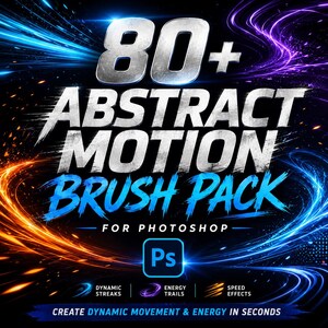 May include: A digital graphic featuring the text 80+ ABSTRACT MOTION BRUSH PACK FOR PHOTOSHOP with a blue Ps logo. The background displays vibrant orange and purple light streaks, energy trails, and speed effects on a dark, textured backdrop.