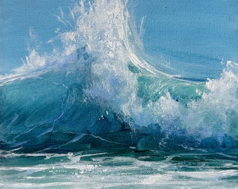 Original green wave acrylic painting, Seascape nature art, Realistic nature painting, Small ocean painting 8x8'