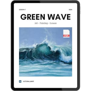 May include: A digital tablet screen displaying a lesson on painting a green wave. The lesson is titled "Green Wave" and is part of a series called "Art - Painting - Lesson". The lesson is available as a PDF download. The image shows a painting of a large green wave crashing in the ocean.