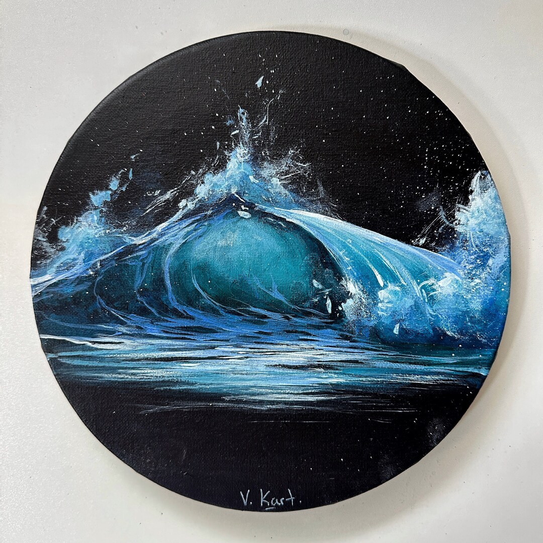 Original Small Emerald Wave Painting on Black Background Round Canvas ...