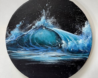Original small emerald wave painting on black background round canvas 10x10', Realistic small green ocean painting art