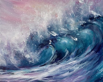 Original acrylic nature painting, Fantastic blue wave painting, Small ocean art 8x8'