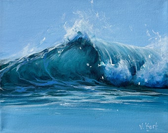 Original realistic wave painting, Small green ocean wave painting, Acrylic realistic nature art 8x8'