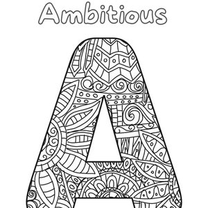 Op de afbeelding: Een zwart-witte kleurplaat met de letter A met ingewikkelde patronen en het woord "Ambitieus" erboven.
