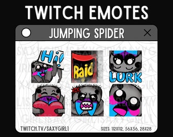 Regal Jumping Spider Phidippus Regius Emotes Black | Set of 6 High Quality | Jumping Spider Emote Badges | Twitch Discord Youtube Kick