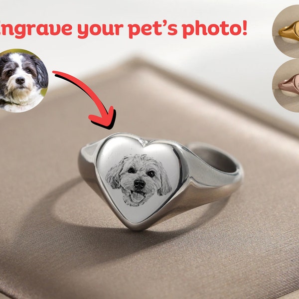 Custom Engraved Pet Memories Ring - Personalized Dog and Cat Picture Jewelry in Silver, Gold, Rose Gold