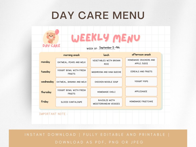 Editable Daycare Menu Template Weekly Daycare Food Menu Childcare Editable Daycare Menu Template Weekly Daycare Food Menu Childcare
