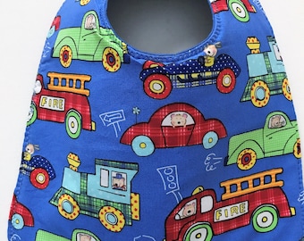 Baby Bib:  Trucks, Fire Engines, Cars, and Trains
