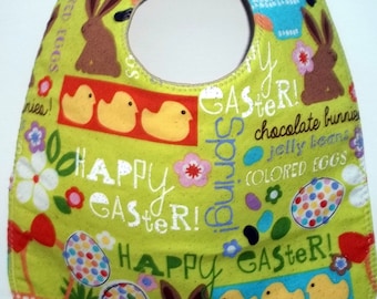 Happy  Easter Baby Bib Chocolate Bunnies Jellybeans Easter Eggs