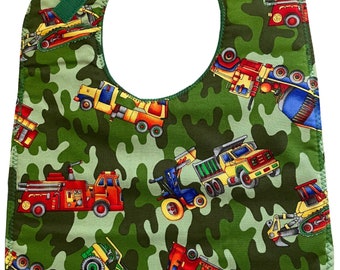 Baby Bib:  Fire Engines, Trucks, Cement Mixers, and More on Camouflage